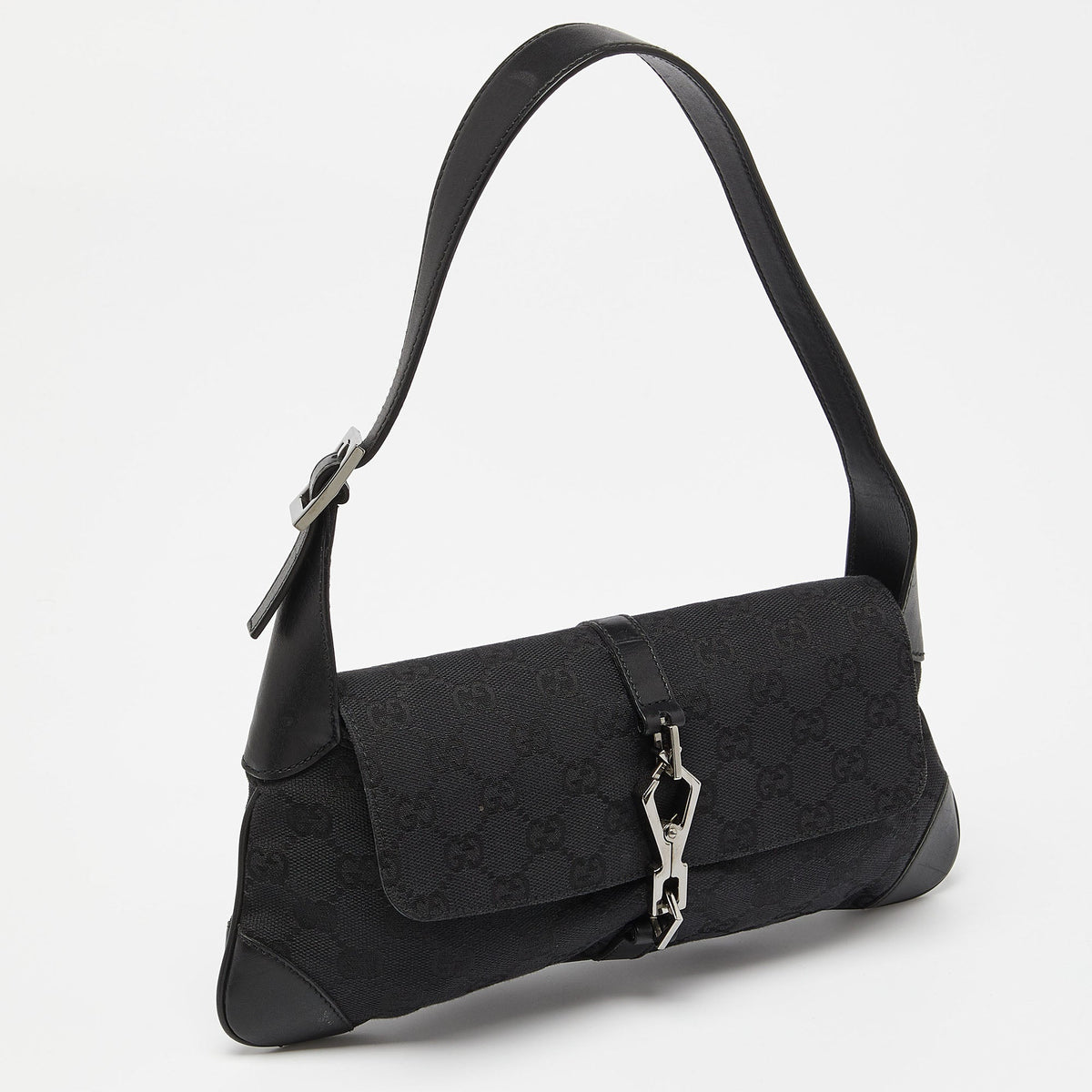 GUCCI Black GG Canvas and Leather Jackie O Hobo