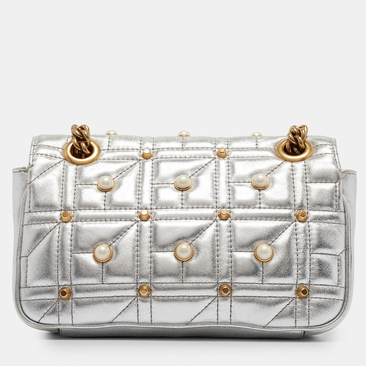 GUCCI Silver Matelasse Leather Mini GG Marmont Pearl Shoulder Bag