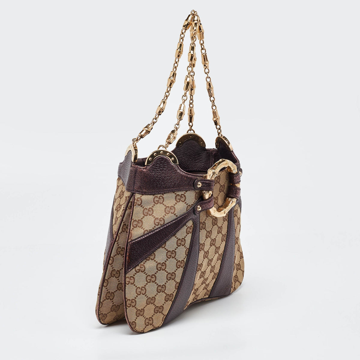 GUCCI Beige/Metallic GG Canvas and Leather Limited Edition Tom Ford Bamboo Hobo