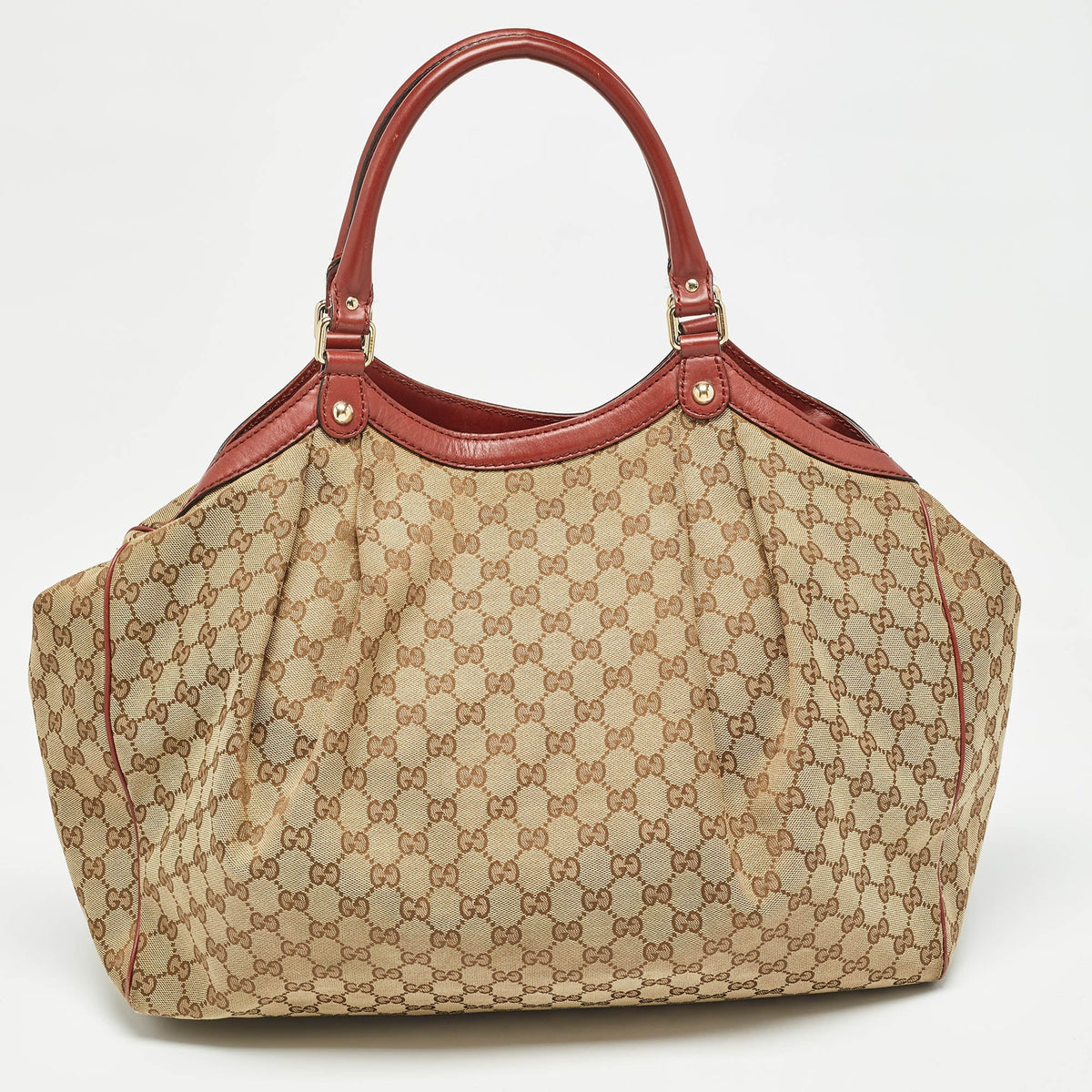GUCCI Red/Beige GG Canvas and Leather Large Sukey Tote