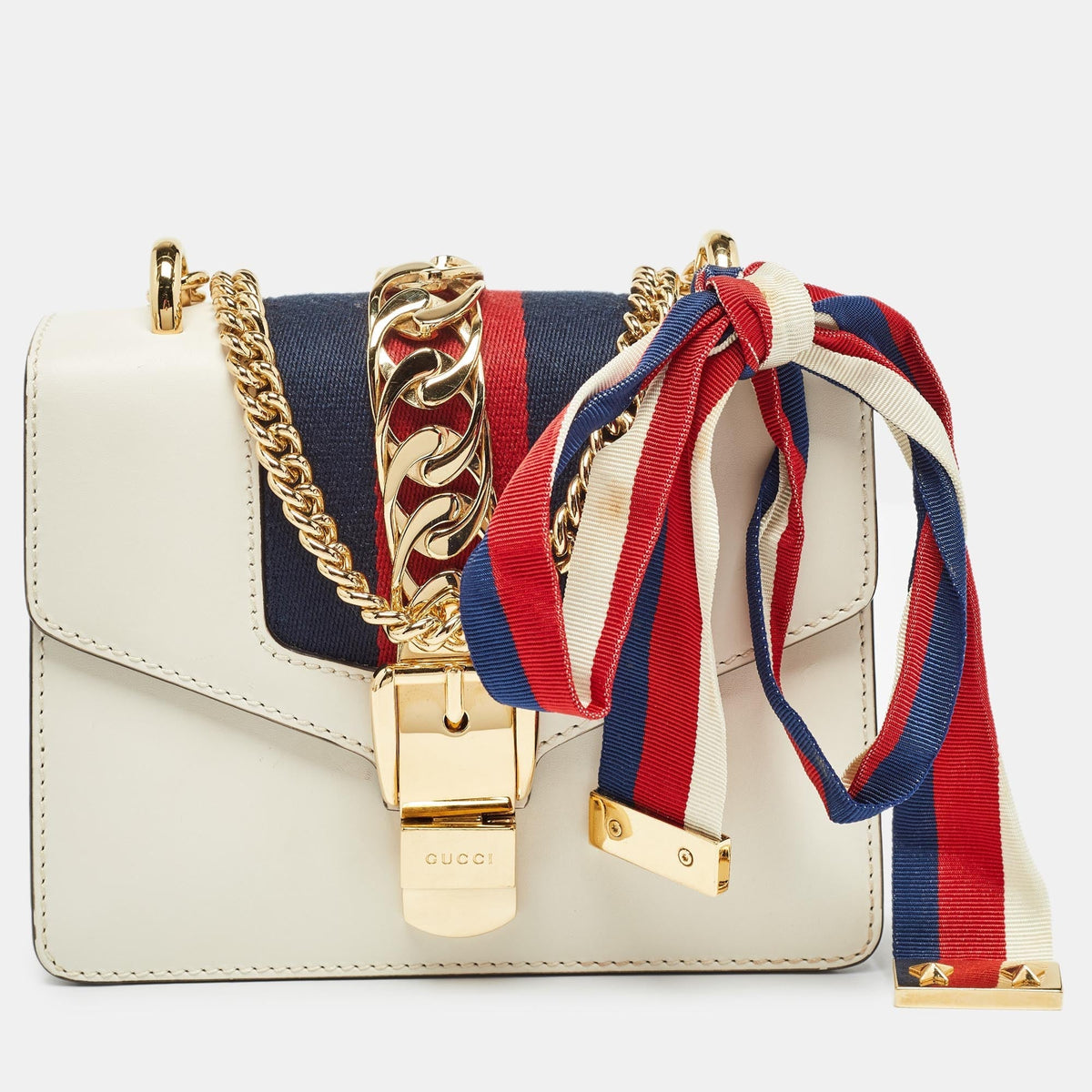 GUCCI Off White Leather Mini Web Chain Sylvie Crossbody Bag