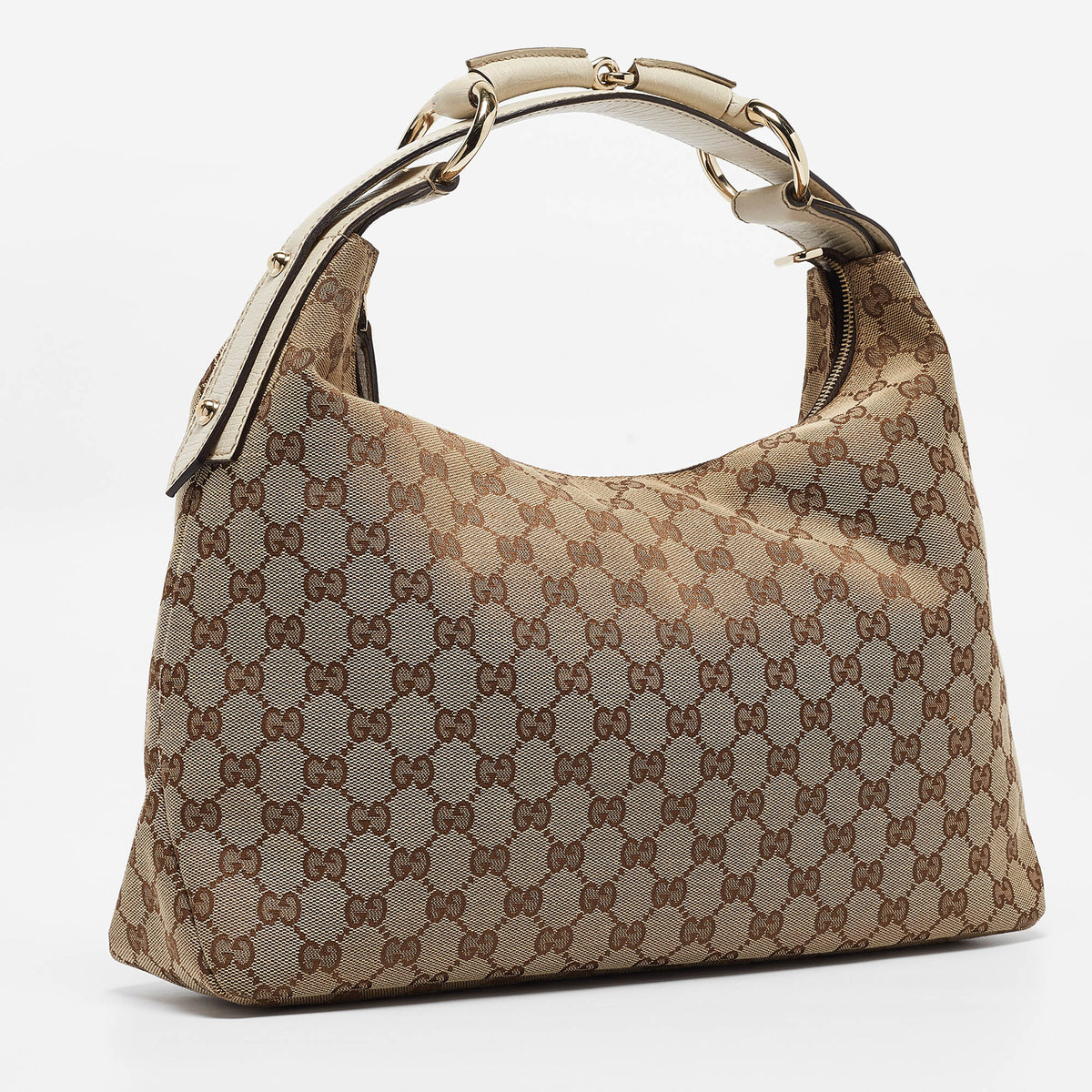 GUCCI White/Beige GG Canvas Medium Horsebit Hobo