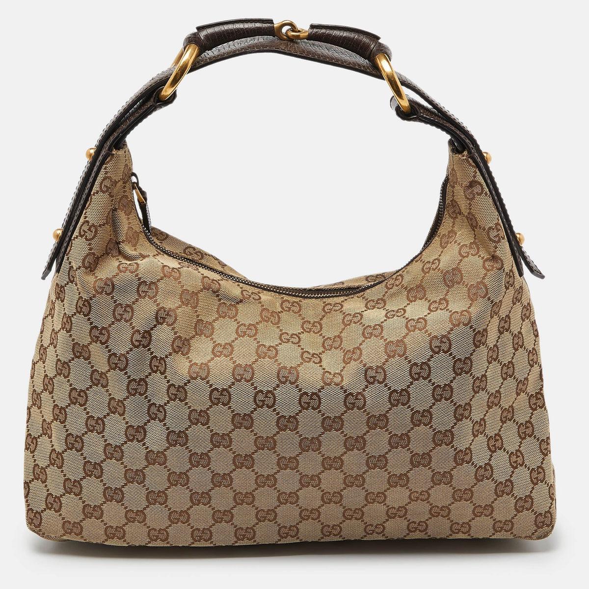 GUCCI Beige/Brown GG Canvas and Leather Horsebit Handle Hobo