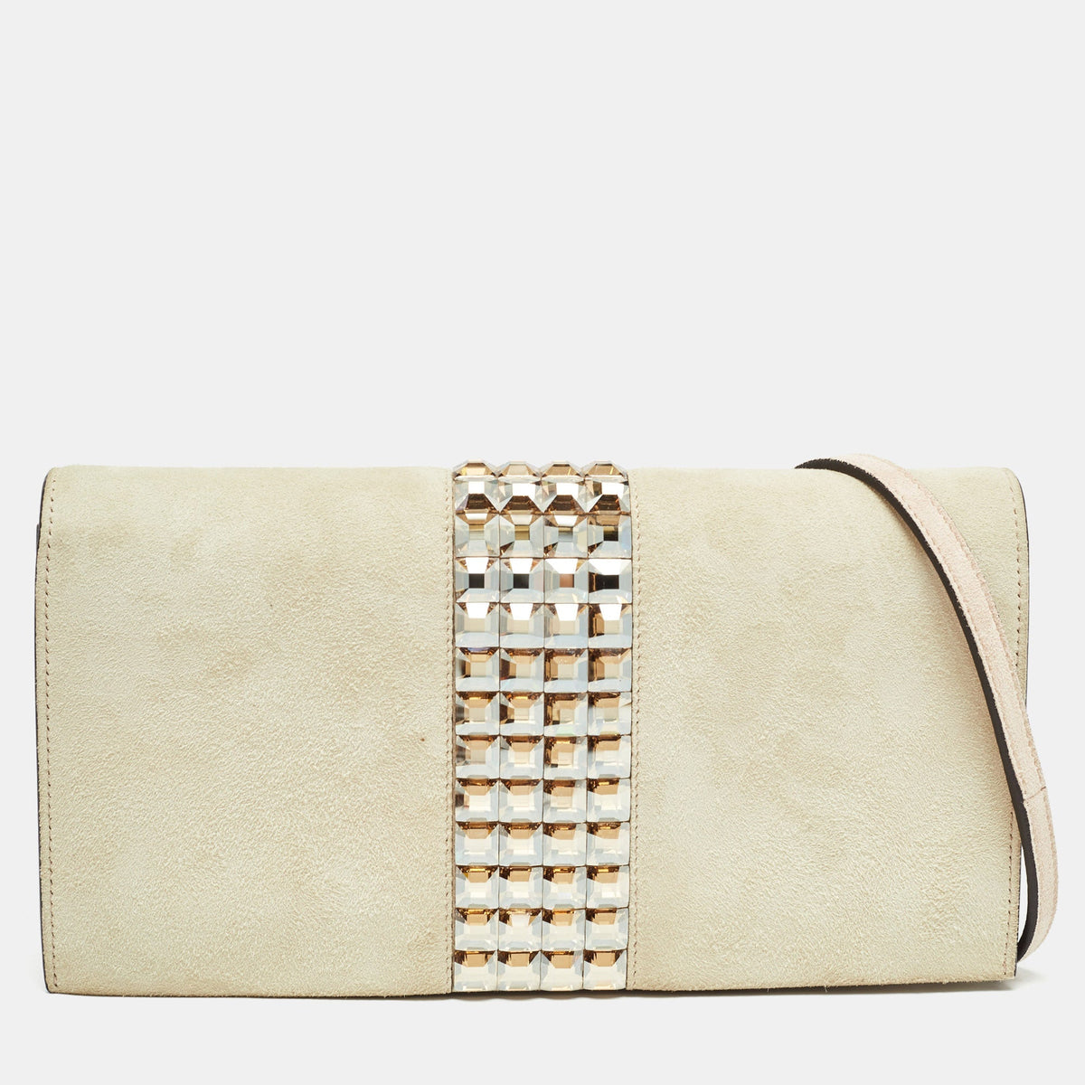 GUCCI Beige Suede Crystals Embellished Flap Chain Clutch