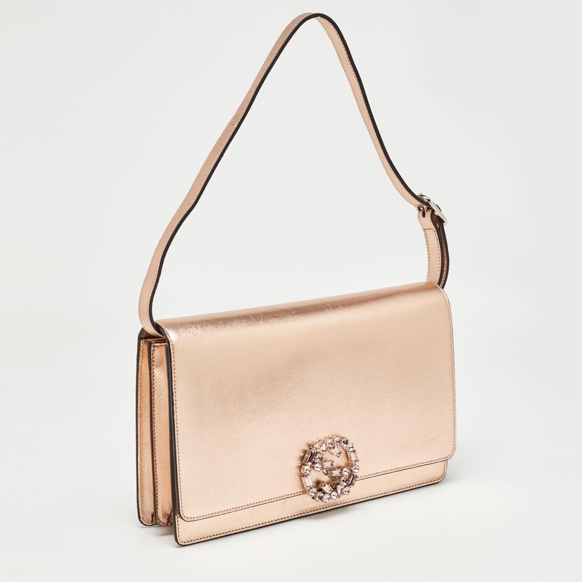 GUCCI Rose Gold Leather Crystals Broadway Clutch Bag