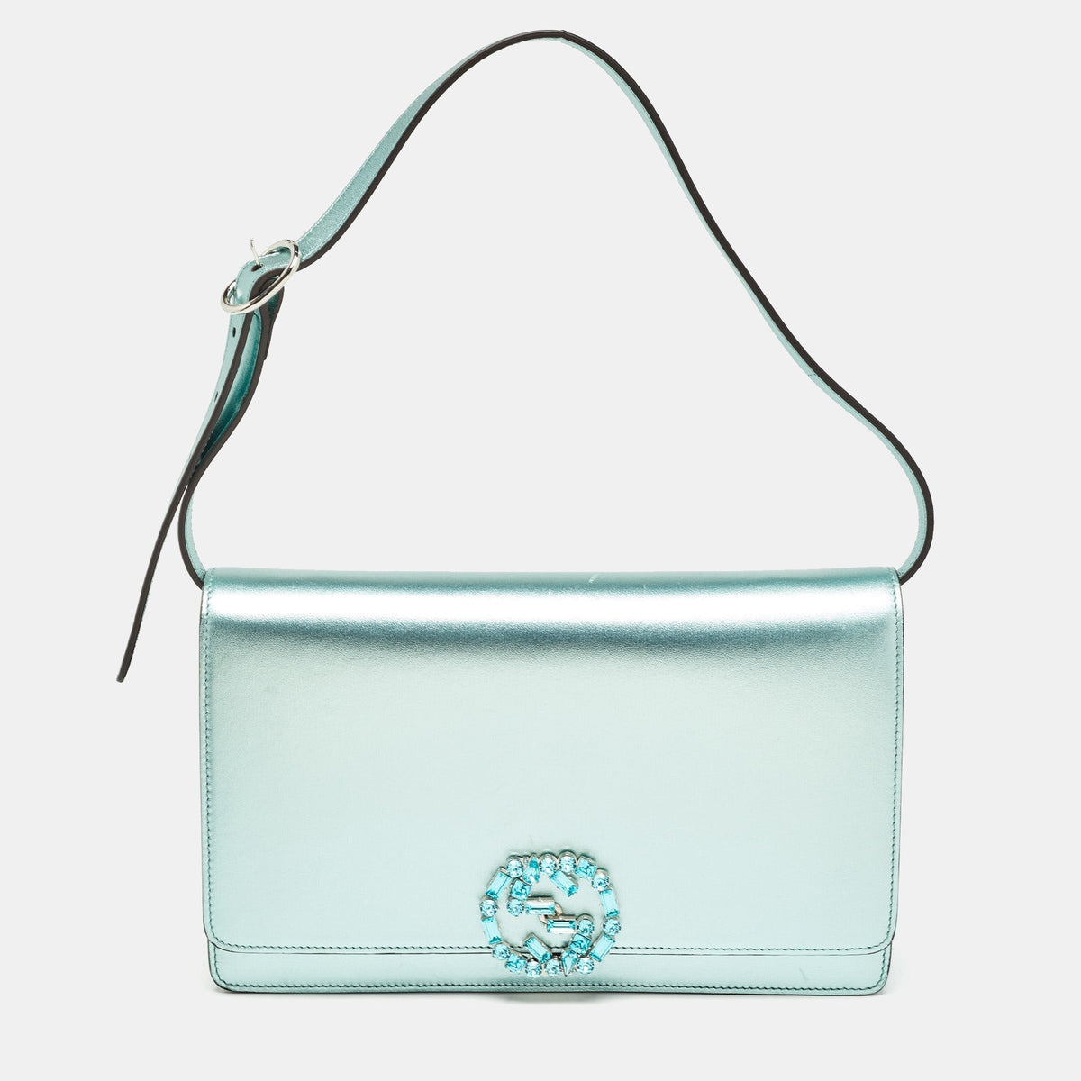 GUCCI Metallic Mint Green Leather Crystals Broadway Clutch Bag