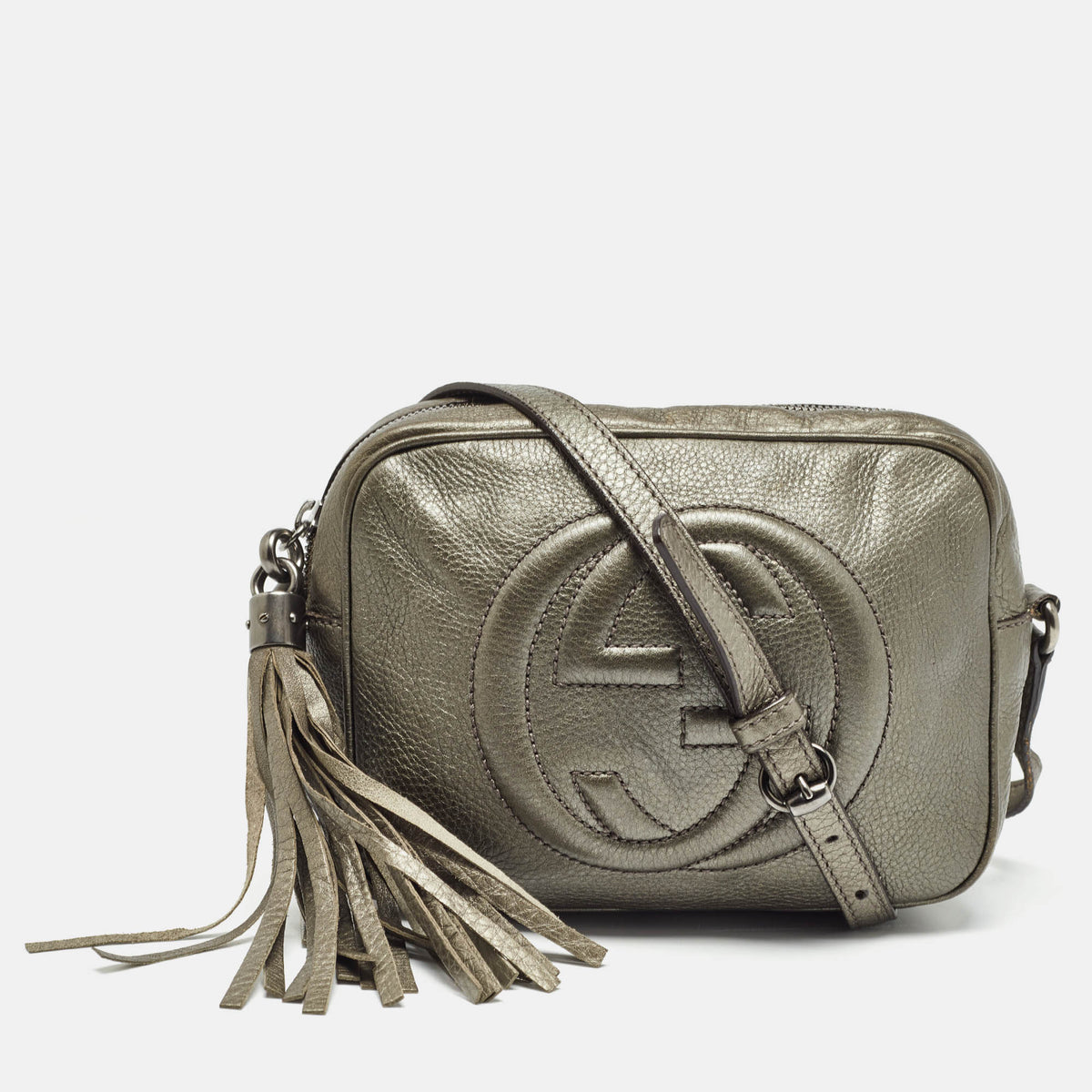 GUCCI Metallic Grey Leather Small Soho Disco Crossbody Bag