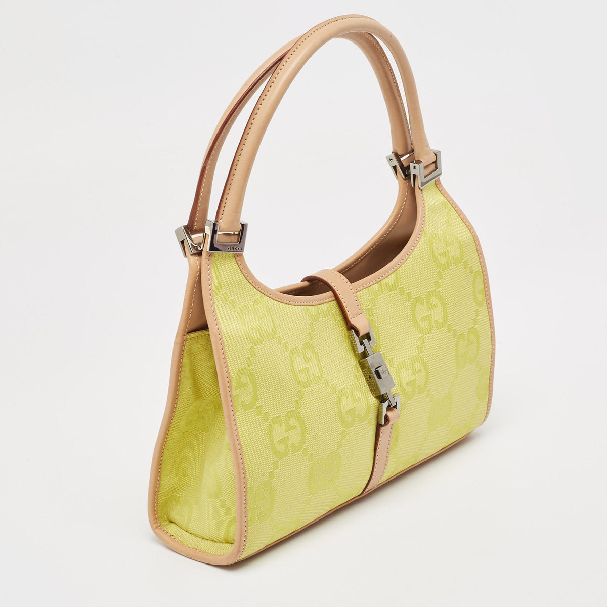 GUCCI Natural/Neon Yellow/ Jumbo GG Canvas Jackie Tote w/ Wallet