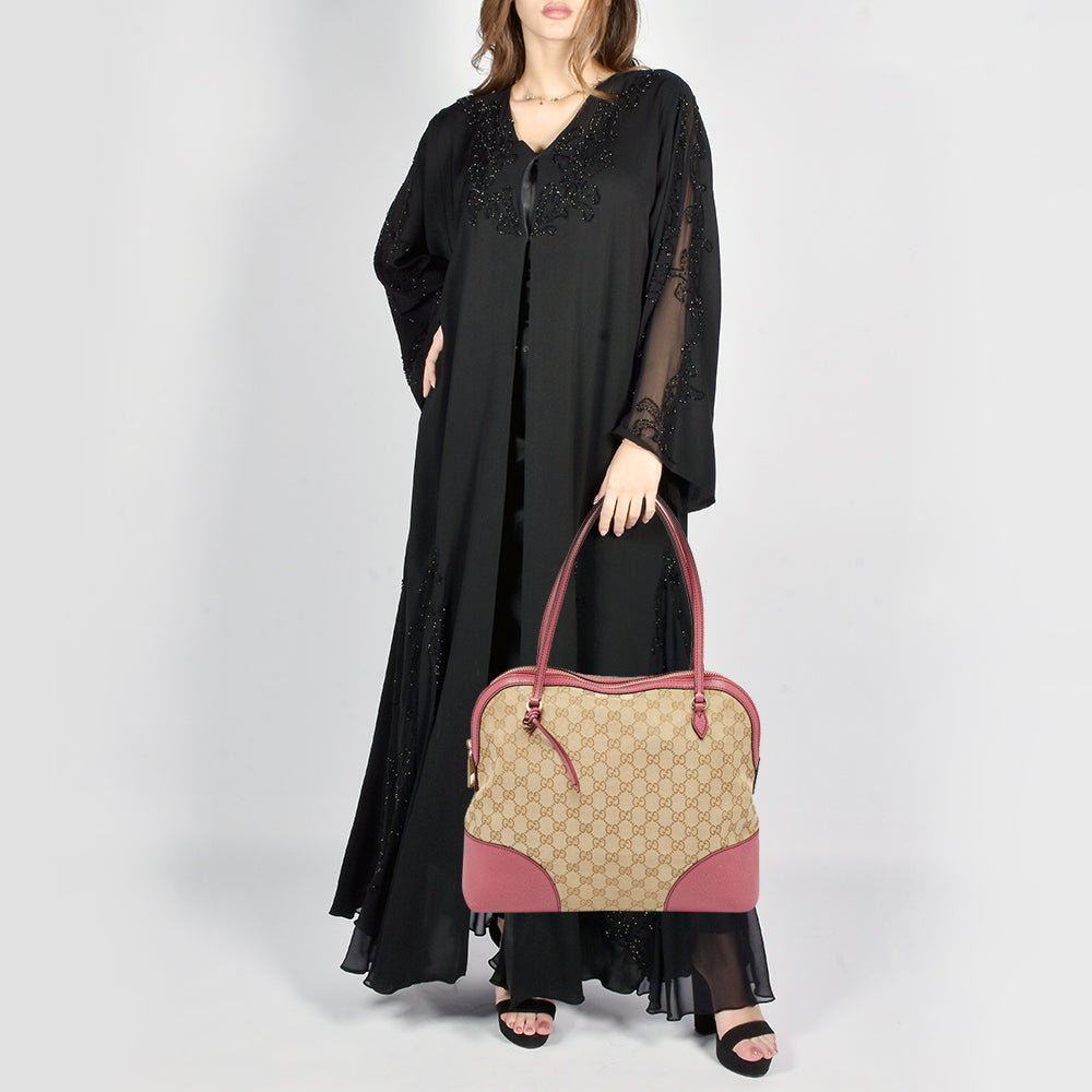 GUCCI Fuchsia/Beige GG Canvas and Leather Bree Bag
