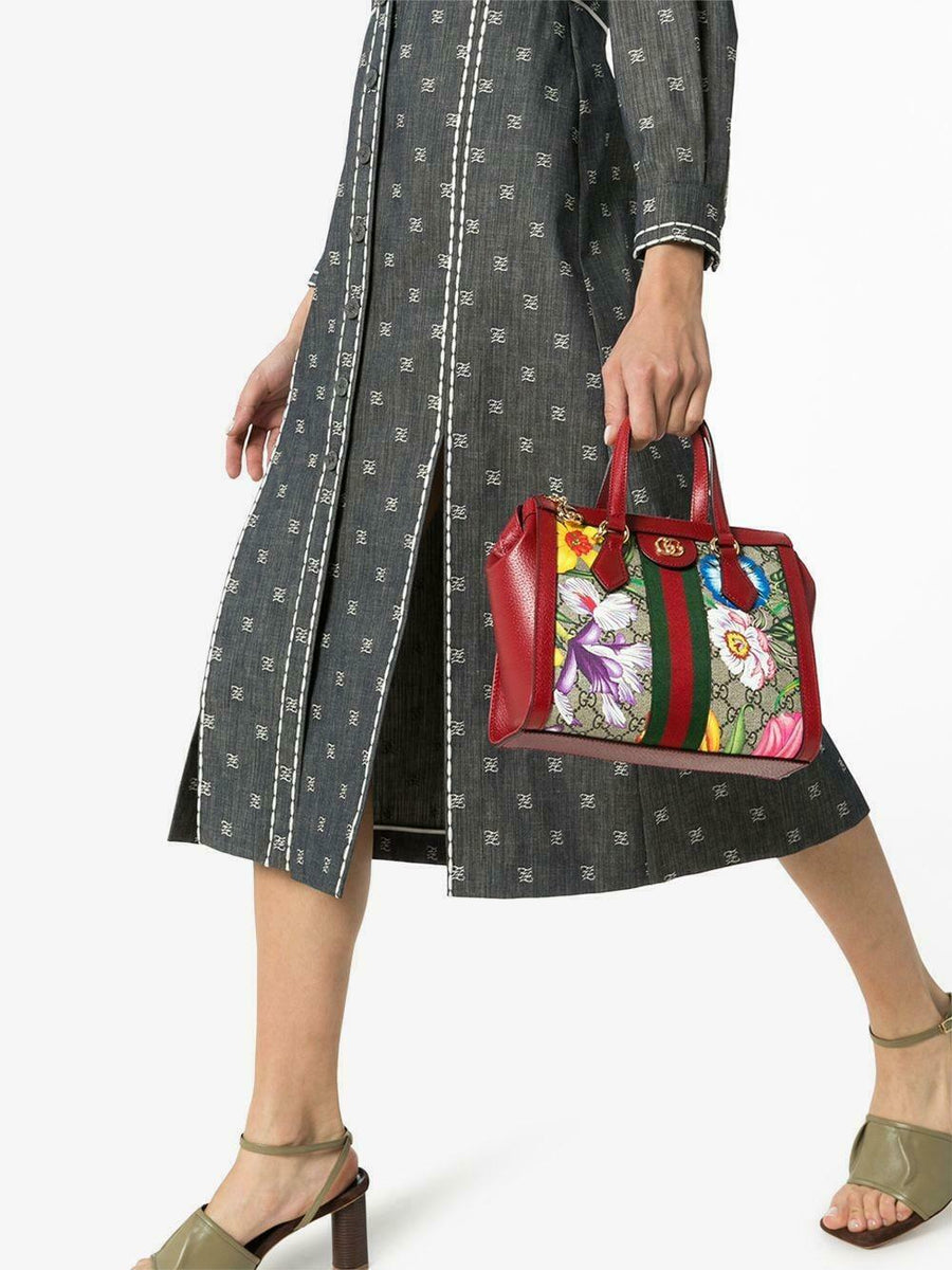 Gucci Ophidia Red Flora Small Tote GG Leather Canvas Flower Handbag Bag Italy NW
