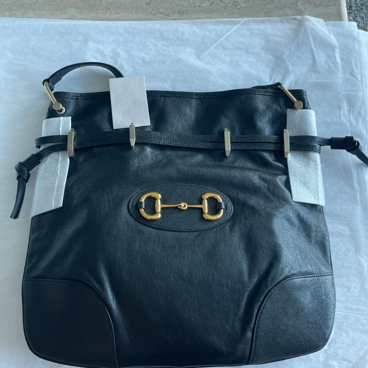 GUCCI Calfskin Horsebit 1955 Cinch Top Messenger Black Shoulder Bag Italy New