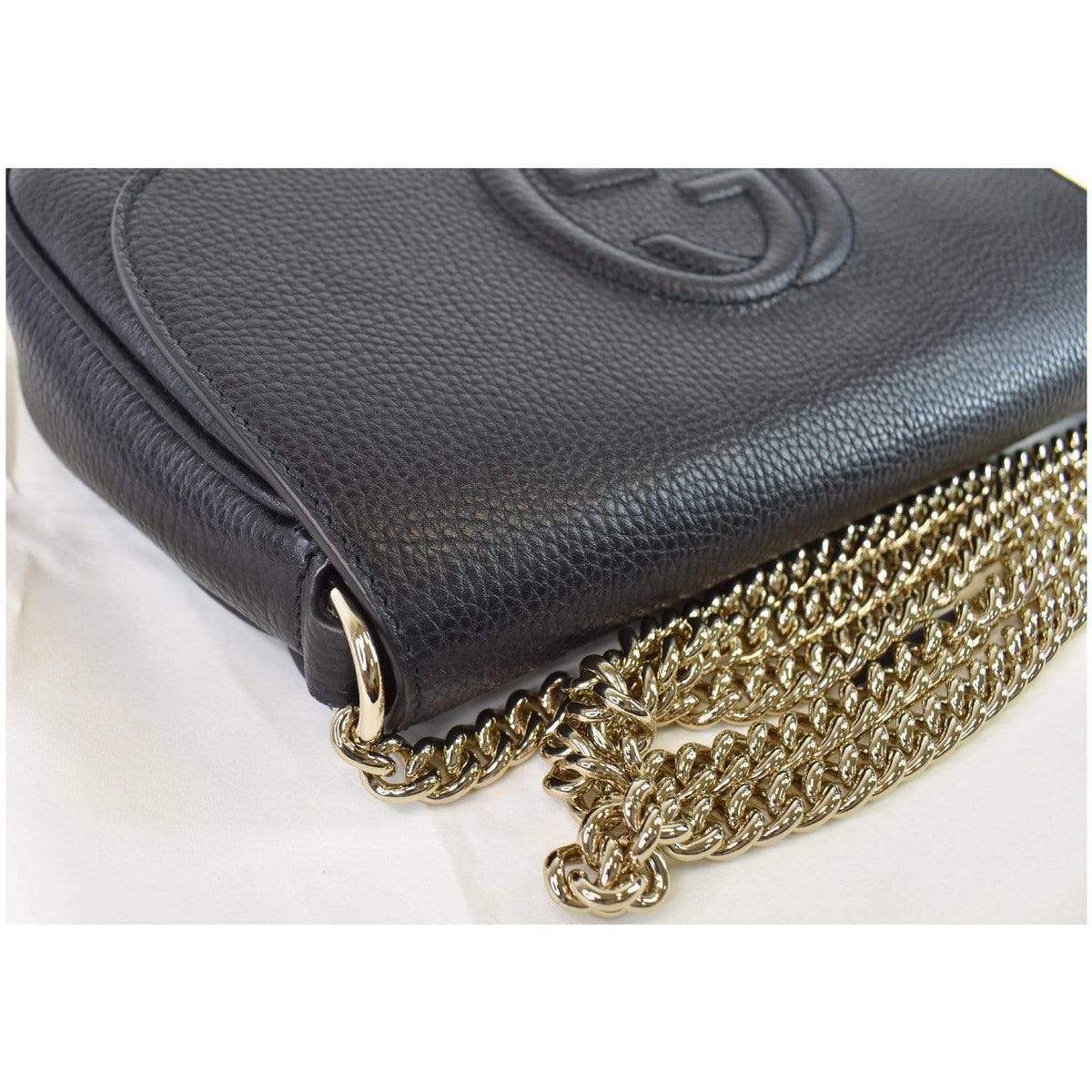 Gucci Soho Interlocking GG Black Leather Chain Flap Shoulder Bag Handb