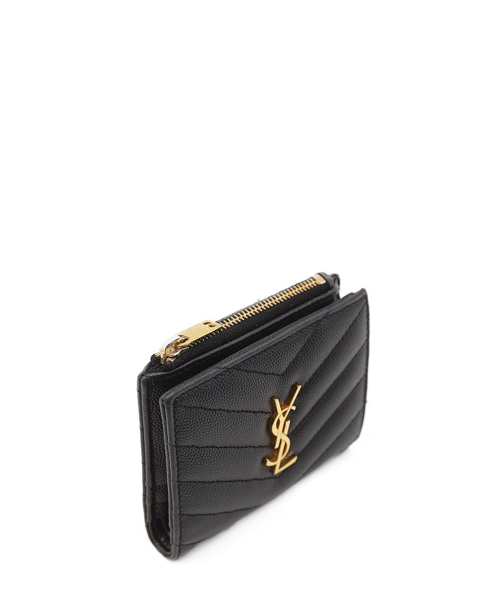 Matelassé Leather Cassandre Zip Compact Wallet Black