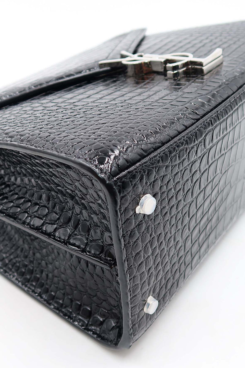 Medium Cassandra Top Handle Bag Crocodile Embossed Black
