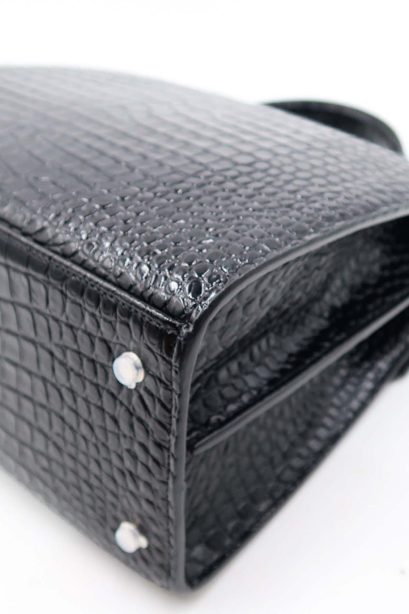 Medium Cassandra Top Handle Bag Crocodile Embossed Black