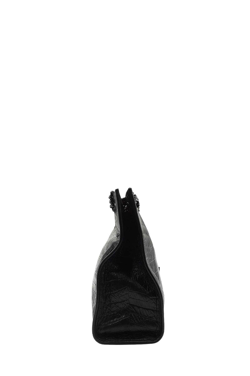 Medium Niki Shopper Tote Crocodile Embossed Leather Black