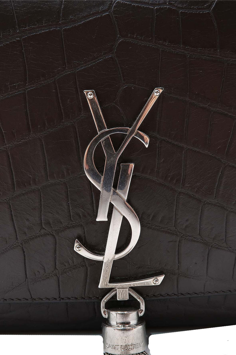 Monogram Medium Kate with Tassel Crocodile Embossed Matte with Silver Hardware Dark Brown