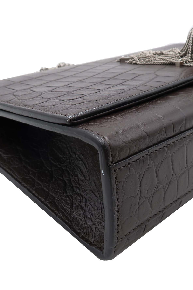 Monogram Medium Kate with Tassel Crocodile Embossed Matte with Silver Hardware Dark Brown