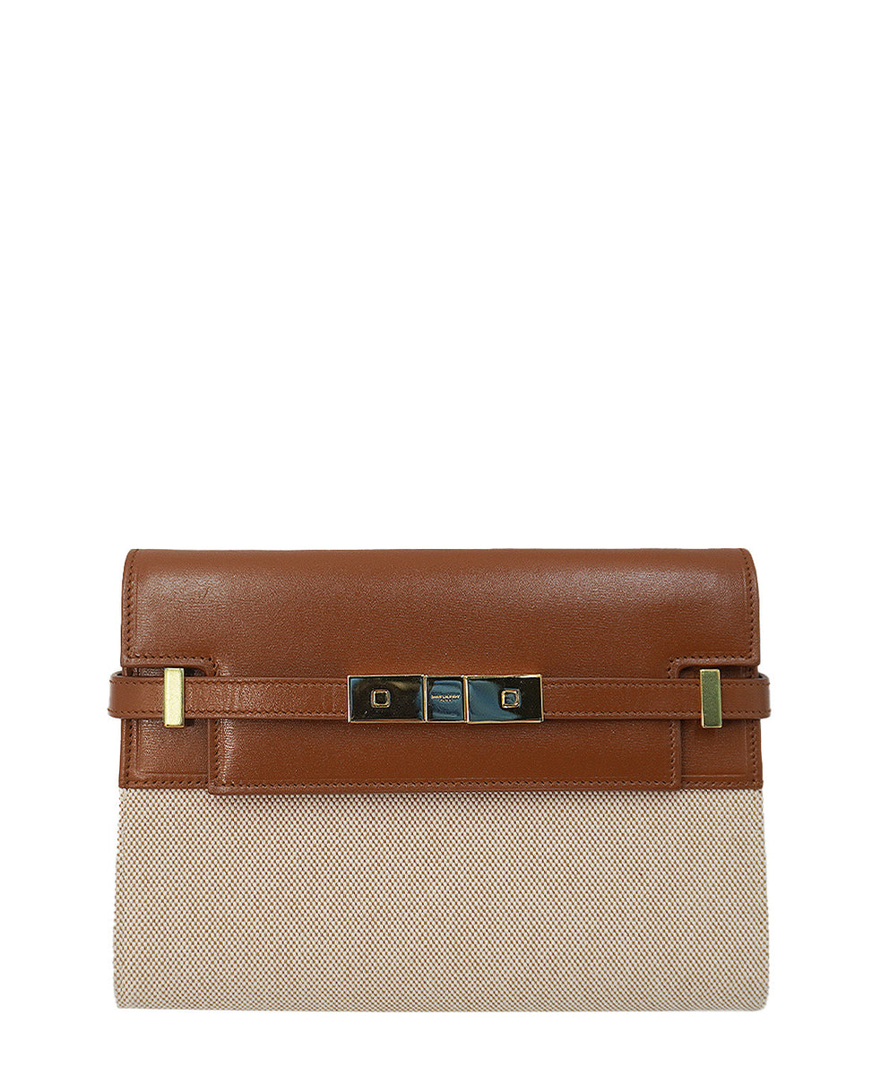 Medium Manhattan Shoulder Bag in Box Canvas Calfskin Natural Beige Brick, Multicolor