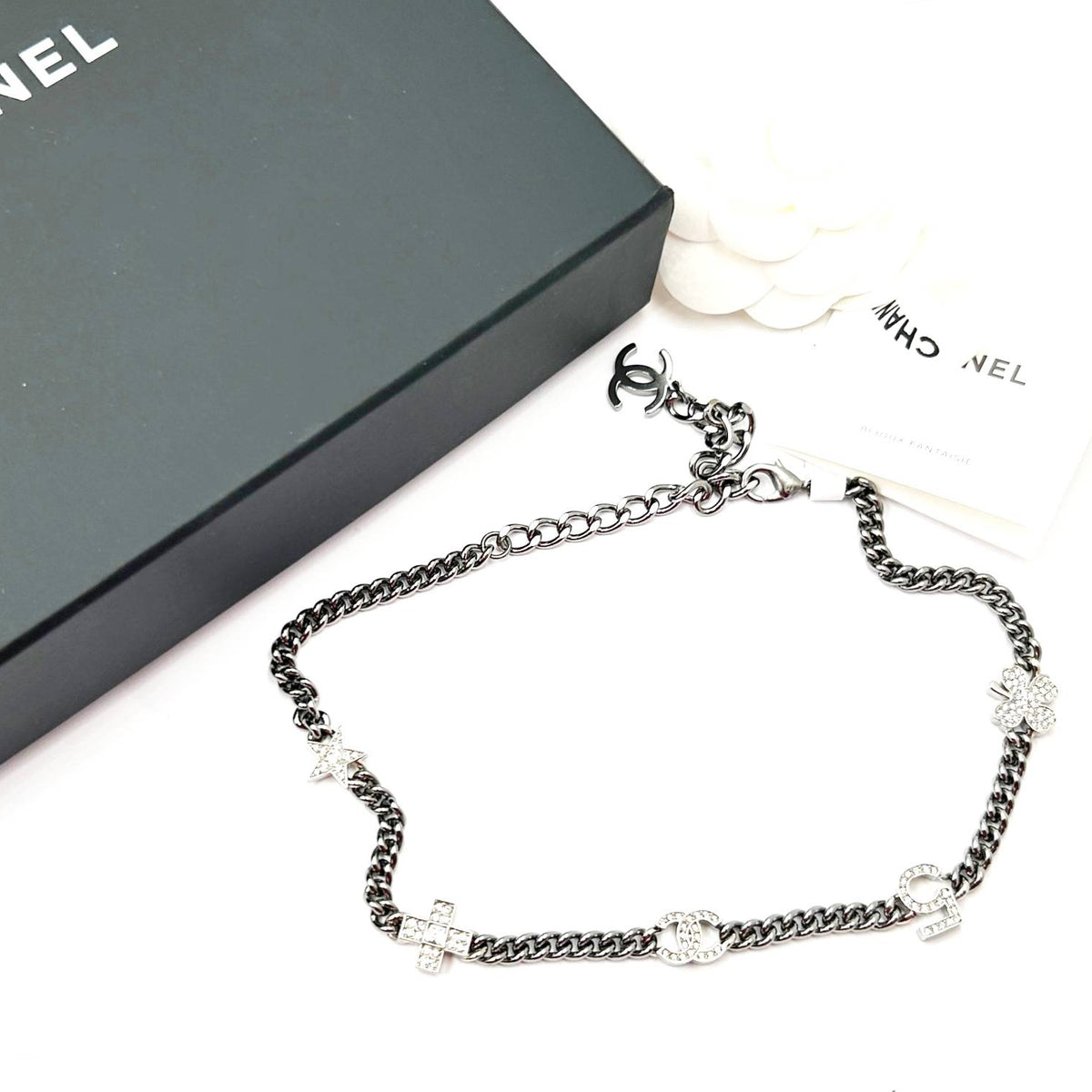 Chanel Brand New Silver 5 Crystal Charms Gunmetal Chain Choker Necklace