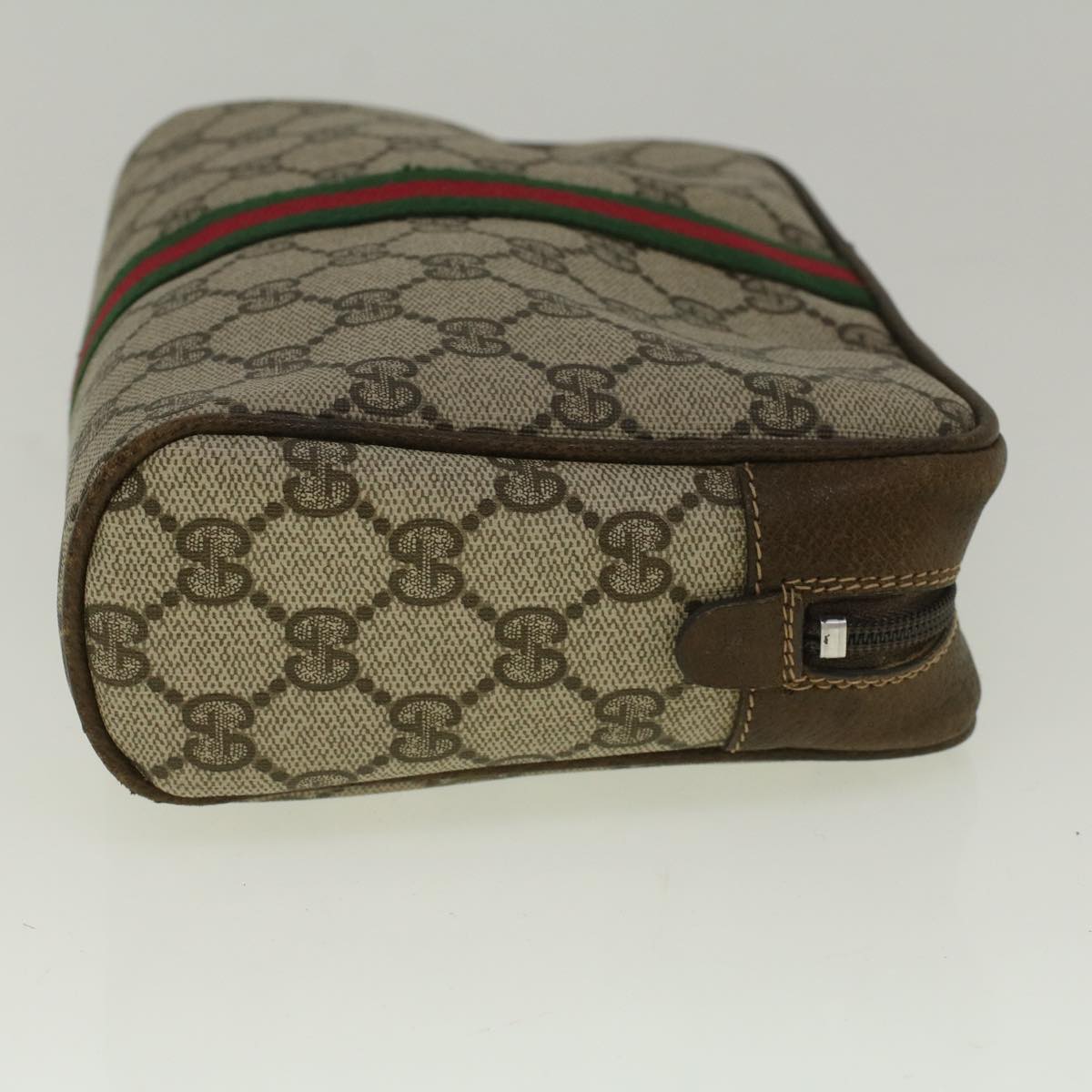 GUCCI GG Canvas Web Sherry Line Clutch Bag PVC Leather Beige Green Auth th4309