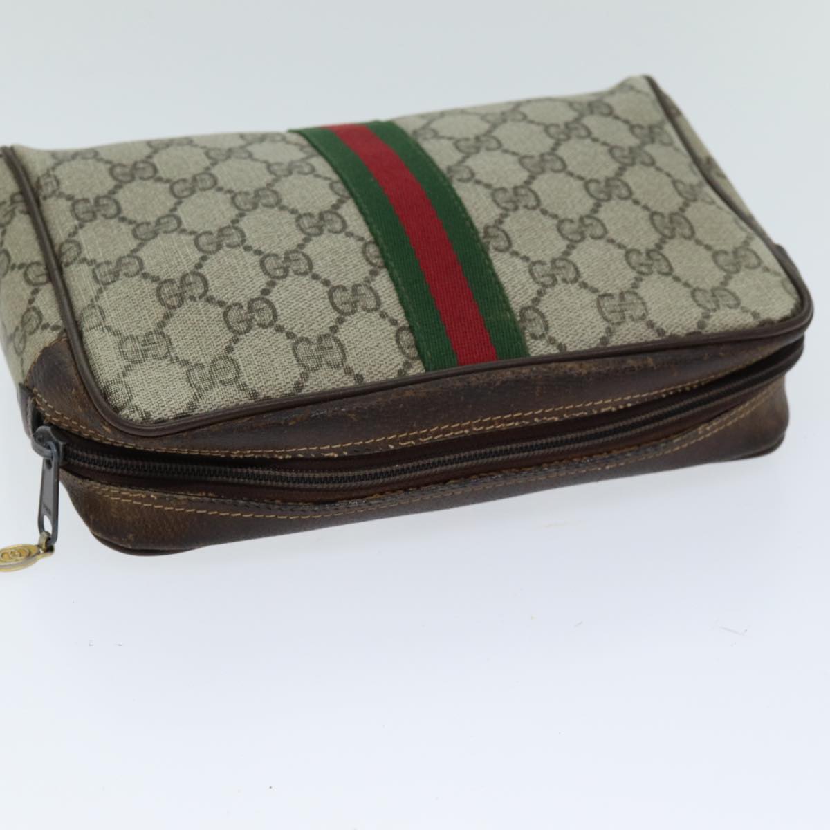 GUCCI GG Supreme Web Sherry Line Clutch Bag Beige Red 63 014 3553 Auth th4948