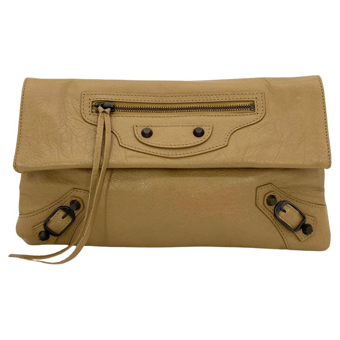 balenciaga Tan Leather City Envelope Clutch with Mirror