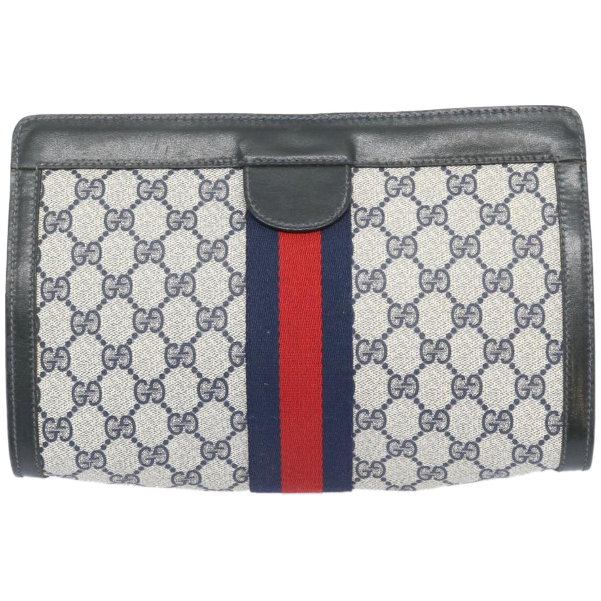 GUCCI GG Supreme Sherry Line Clutch Bag PVC Navy Red 67 014 2125 Auth yk10630