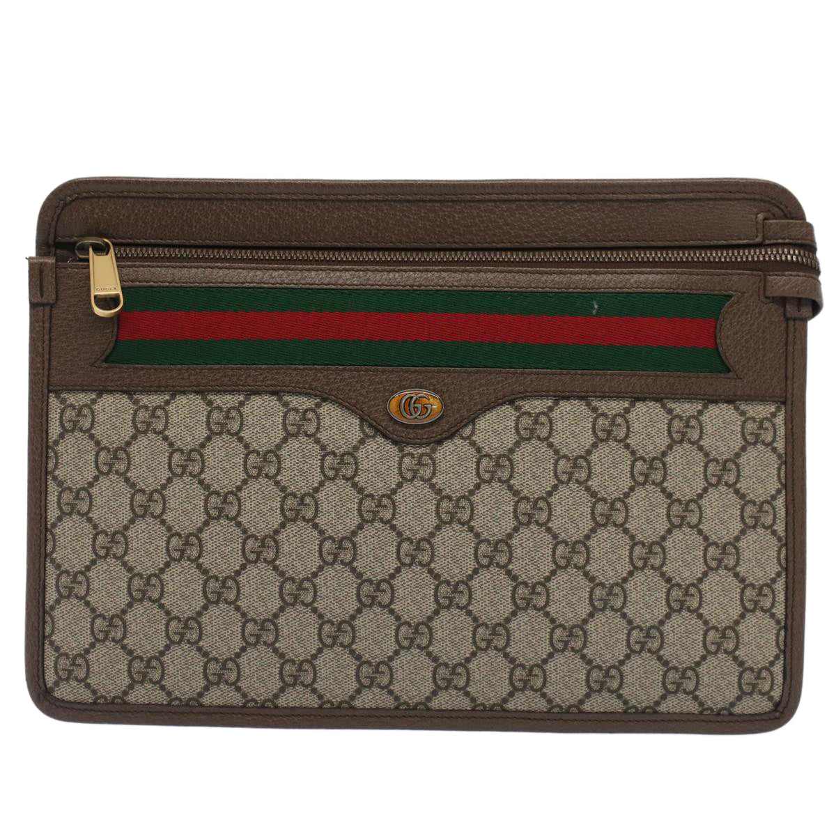 GUCCI Gg Canvas Web Sherry Line Clutch Bag Beige Red Green 597619 Auth Yk8242